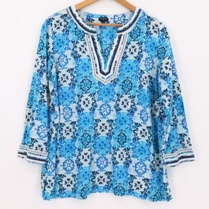 Talbots Medallion Tile Tunic Top Coastal Resort Cotton Split Neck Plus Size 1X